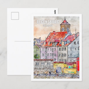 Cartão Postal Regensburg Alemanha Familiar Viagem Place Watercol