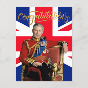 Cartão Postal Rei Charles III com a bandeira britânica Parabéns