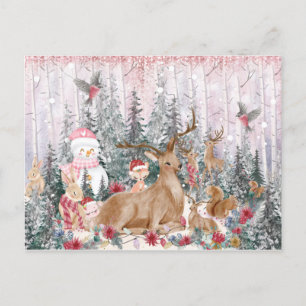 Cartão Postal Reindeer de Aquarela Rosa, Snowman Feliz Natal