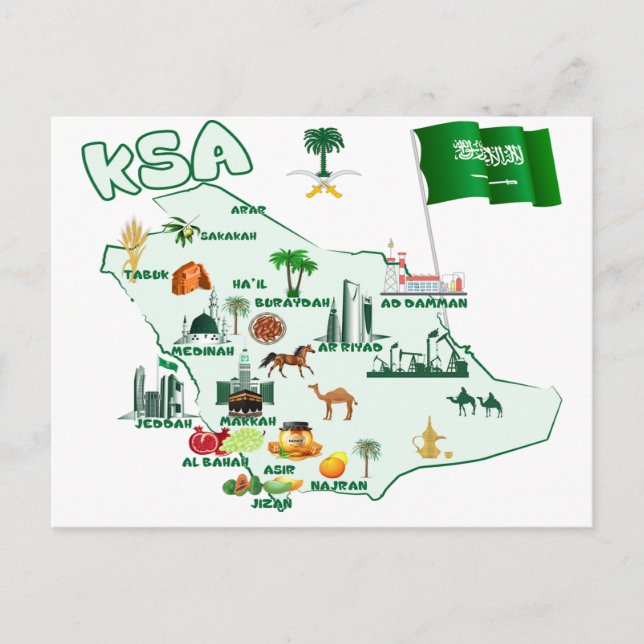 Cartão Postal Reino da Arábia Saudita Mapa atrações turísticas (Frente)