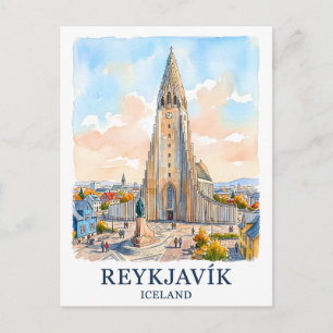 Cartão Postal Reiquiavique Islândia Igreja Aquarela Paisagem Via