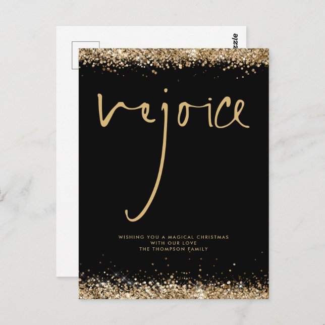 Cartão Postal Rejoice Script Dourado Glitter Black Name Natal (Frente/Verso)