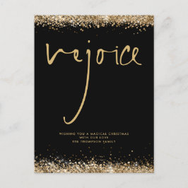 Cartão Postal Rejoice Script Dourado Glitter Black Name Natal