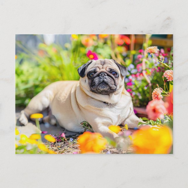 Cartão Postal Relaxing Pug Chilling in Garden Space (Frente)