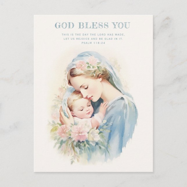 Cartão Postal Religiosa Mãe Abençoada Maria Menino Jesus Floral (Frente)