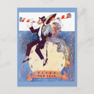 Cartão Postal Relógio de Ano Novo Feliz Vintage Casal