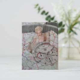 Cartão Postal Relógio de senhora de moda surreal colagem de mapa