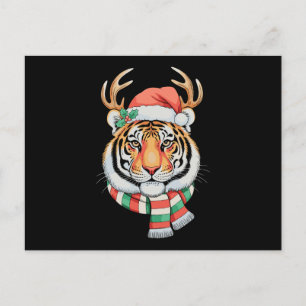 Cartão Postal Rena de Natal do Tigre Chapéu de Papai Noel Festa 