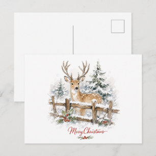 Cartão Postal Rena de Natal em Aquarela na Neve