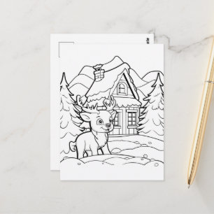 Cartão Postal Rena de Natal festiva para colorir crianças