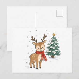 Cartão Postal Rena de Natal Fofo com Cachecol Vermelho