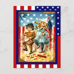 Cartão Postal Réplica Vintage 4 de julho, crianças celebrando