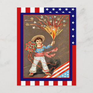 Cartão Postal Réplica Vintage 4 de julho,Flowers Firecrackers