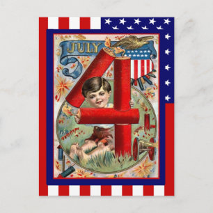 Cartão Postal Réplica Vintage 4 de julho, Rapaz com foguetes