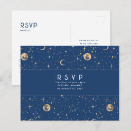Cartão Postal Resposta de Casamento Azul Naval e Dourado Noite E