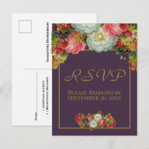 Cartão Postal Resposta de Casamento Floral Outono Vintage Roxo A