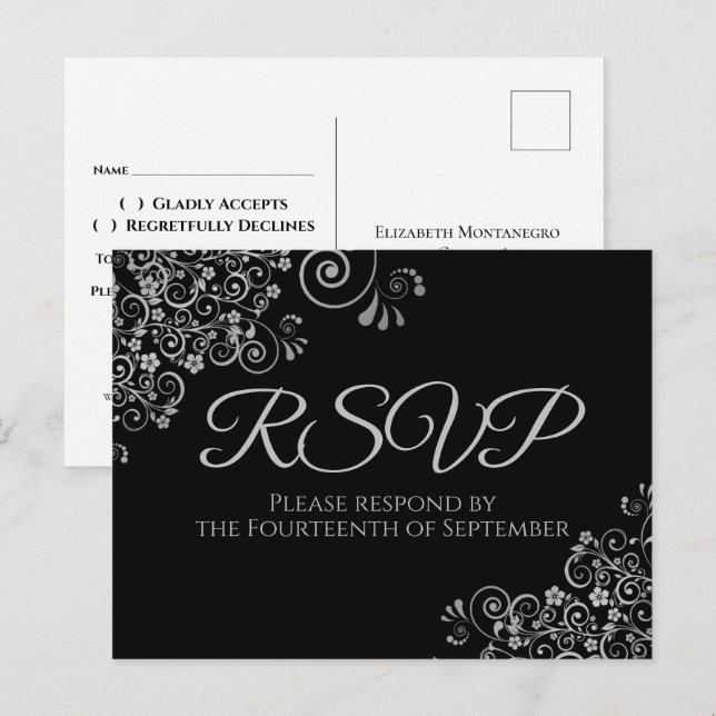 Cartão Postal Resposta de Casamento Preta Simples Elegante com E (Frente/Verso)