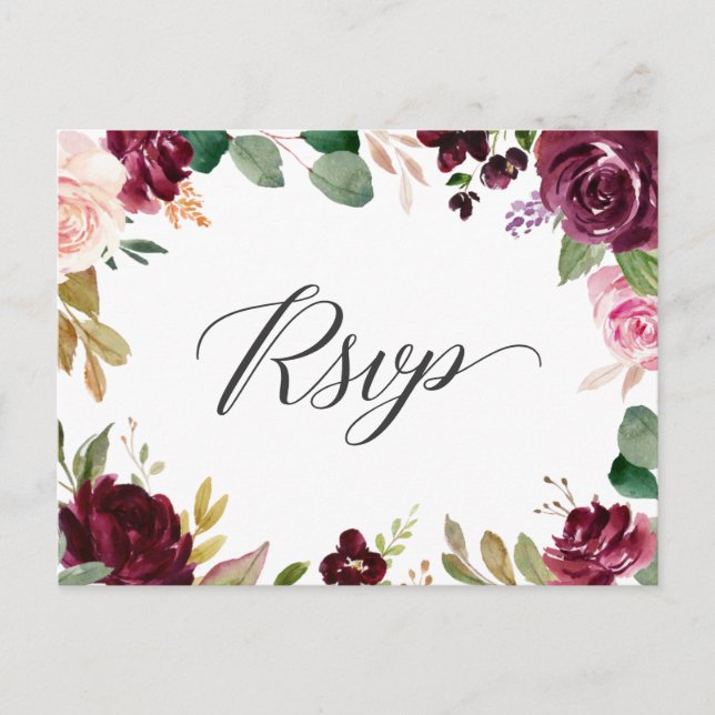 Cartão Postal Resposta de RSVP de Casamento Floral Roxo Bege (Frente)