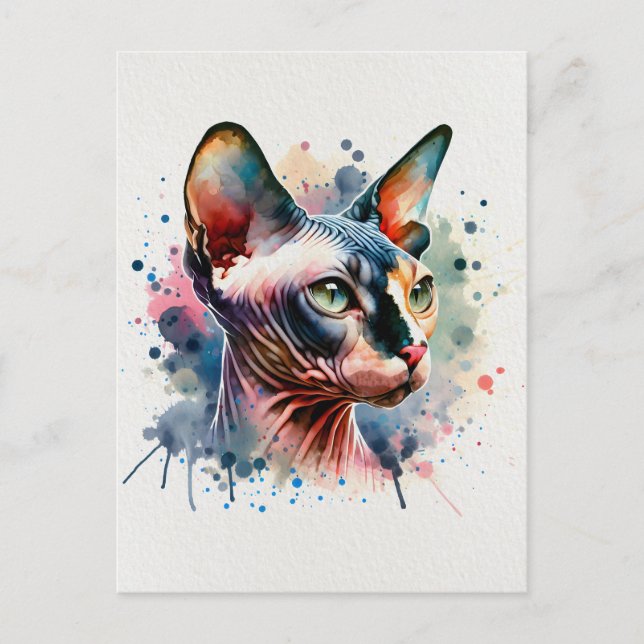 Cartão Postal Retrato Artístico De Gato Esfingx Por Aquarela (Frente)