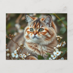 Cartão Postal Retrato Botânico de Gato com Flores Delicadas