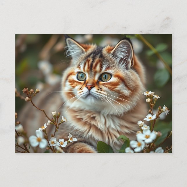 Cartão Postal Retrato Botânico de Gato com Flores Delicadas (Frente)
