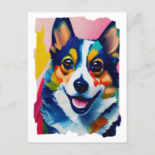 Cartão Postal Retrato Colorido de Cachorro - Pintura em Corgi
