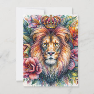 Cartão Postal Retrato Crown Floral de Aquarela Vestida ao Leão