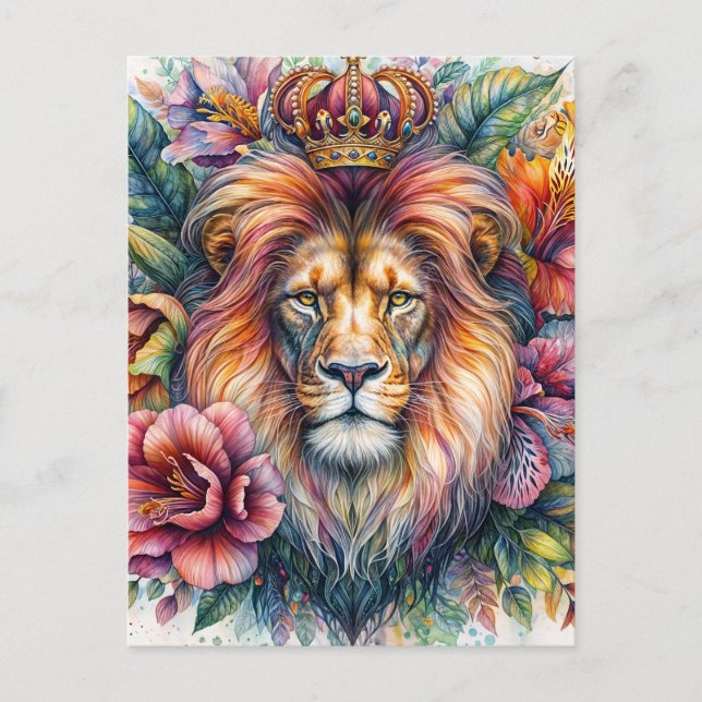 Cartão Postal Retrato Crown Floral de Aquarela Vestida ao Leão (Frente)