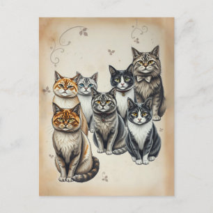 Cartão Postal Retrato da Família Cat Inspirado na Vintage