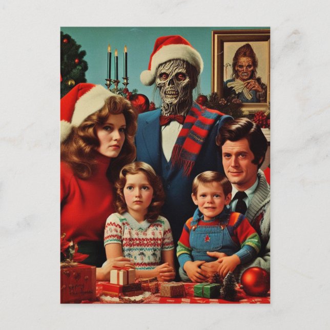 Cartão Postal Retrato da Família Retro Horror de Natal (Frente)
