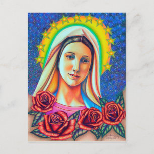 Cartão Postal Retrato da Mãe Maria com Rosas vermelhas
