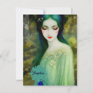 Cartão Postal Retrato da Mulher Fantasia Elegante em Verde e Azu