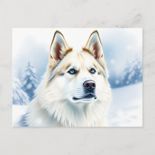 Cartão Postal Retrato de Aquarela do Husky Siberiano em Snowy