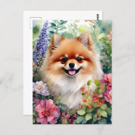 Cartão Postal Retrato de Aquarela Floral da Pomerânia