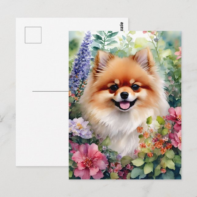 Cartão Postal Retrato de Aquarela Floral da Pomerânia (Frente/Verso)