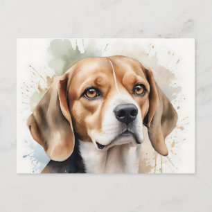 Cartão Postal Retrato de Beagle com Aquarela Suave e Fluida