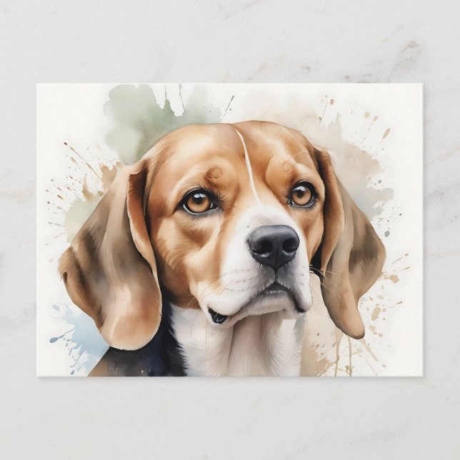Cartão Postal Retrato de Beagle com Aquarela Suave e Fluida (Frente)
