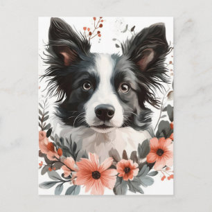 Cartão Postal Retrato de Border Collie com Moldura Floral