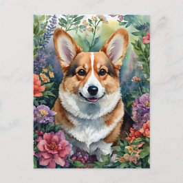 Cartão Postal Retrato de Corgi Floral Watercolor