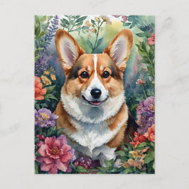 Cartão Postal Retrato de Corgi Floral Watercolor