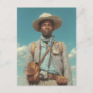 Cartão Postal Retrato de Explorador Vintage com Câmera e Viagem 