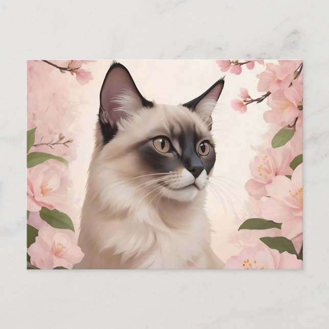Cartão Postal Retrato de Gato Balinês com Flores em Flor  (Frente)