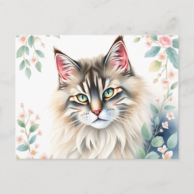 Cartão Postal Retrato de Gato da Floresta Norueguesa Pastel Cerc (Frente)