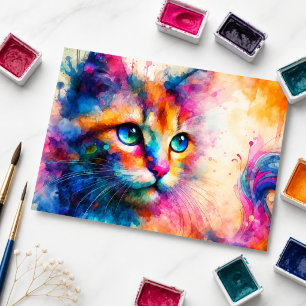 Cartão Postal Retrato de Gato em Aquarela Caprichosa