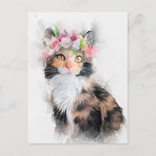 Cartão Postal Retrato de Gato Mainecoon com Coroa de Flores (Frente)