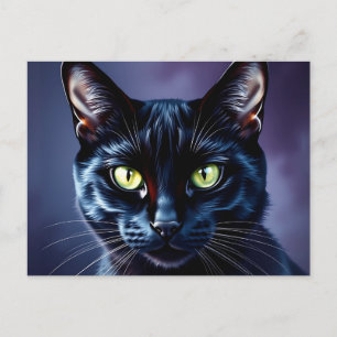 Cartão Postal Retrato de Gato Preto com Olhos Verdes