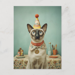 Cartão Postal Retrato de Gato Siamesês Antigo com Chapéu de Fest