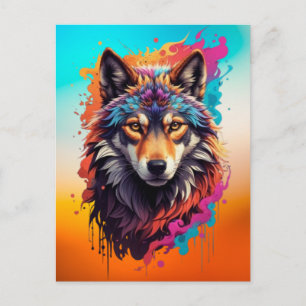 Cartão Postal Retrato de Lobo Colorido Arte Abstrata de Animal-8