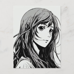 Cartão Postal Retrato de Menina de Anime Mangá Desenhado