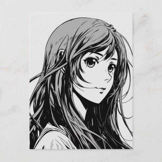Cartão Postal Retrato de Menina de Anime Mangá Desenhado (Frente)